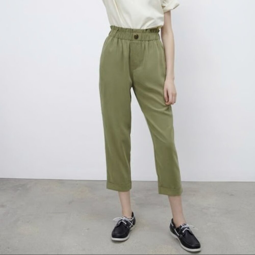 ZARA Khaki Green Elastic Waist Paper Bag Trousers with a Cropped Hem